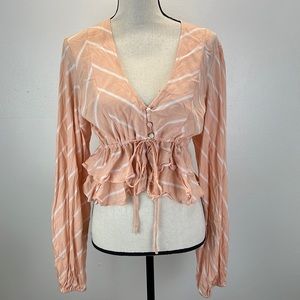⭐️Free People peach white stripe peplum tie waist long sleeve top sz med